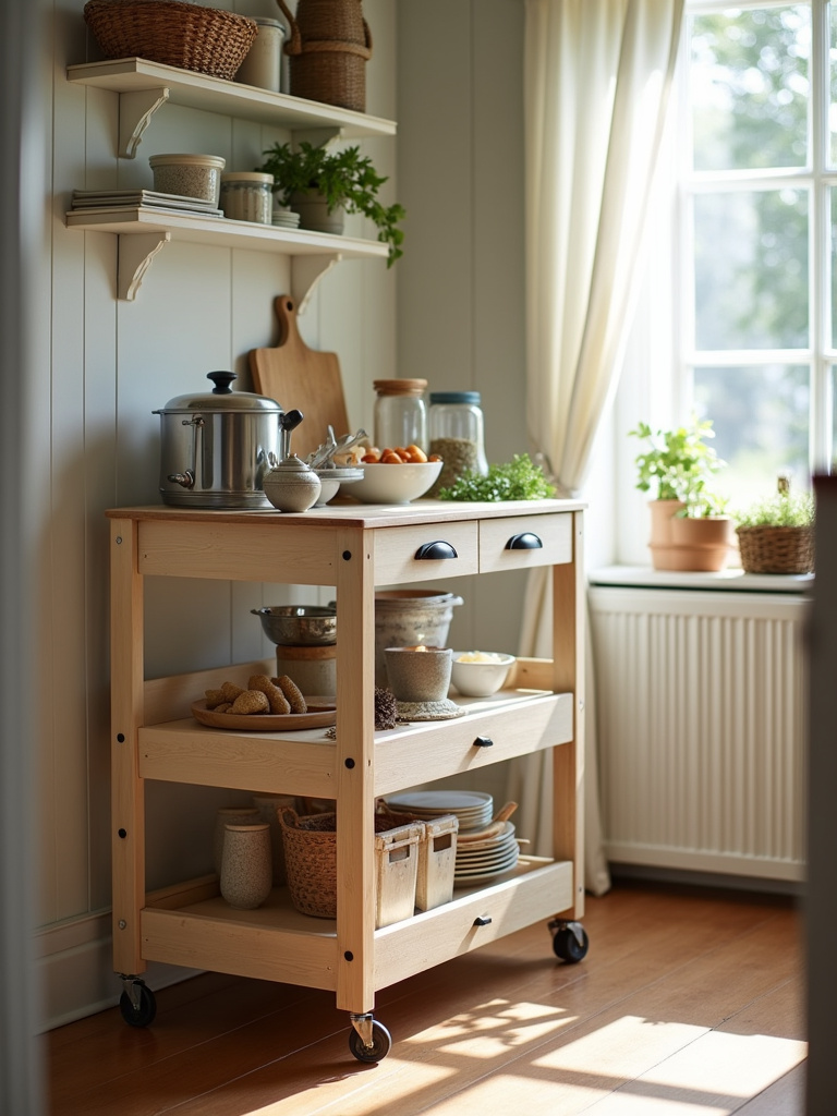 A rolling kitchen cart with kitchen tools in a small cottage kitchen illuminated by natural light.