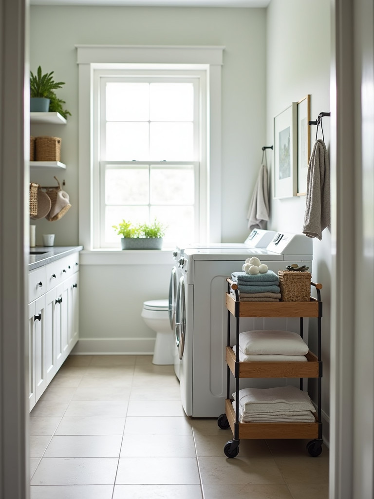 A convenient rolling laundry cart in a spacious laundry bathroom used for easy transport and sorting