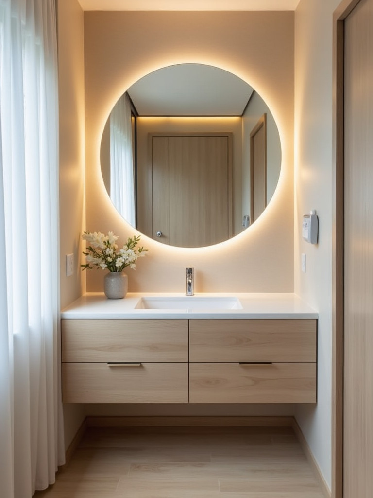 A small bathroom featuring a large round mirror above a vanity with light wood tones and soft lighting.