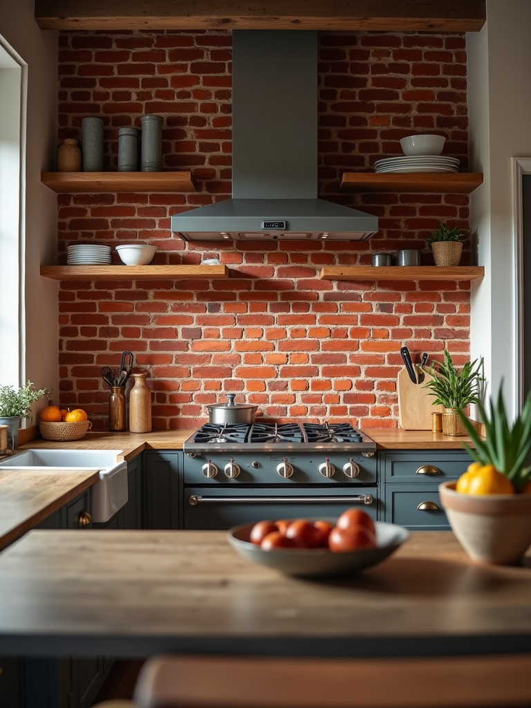 A farmhouse kitchen featuring a red brick backsplash and wooden shelves