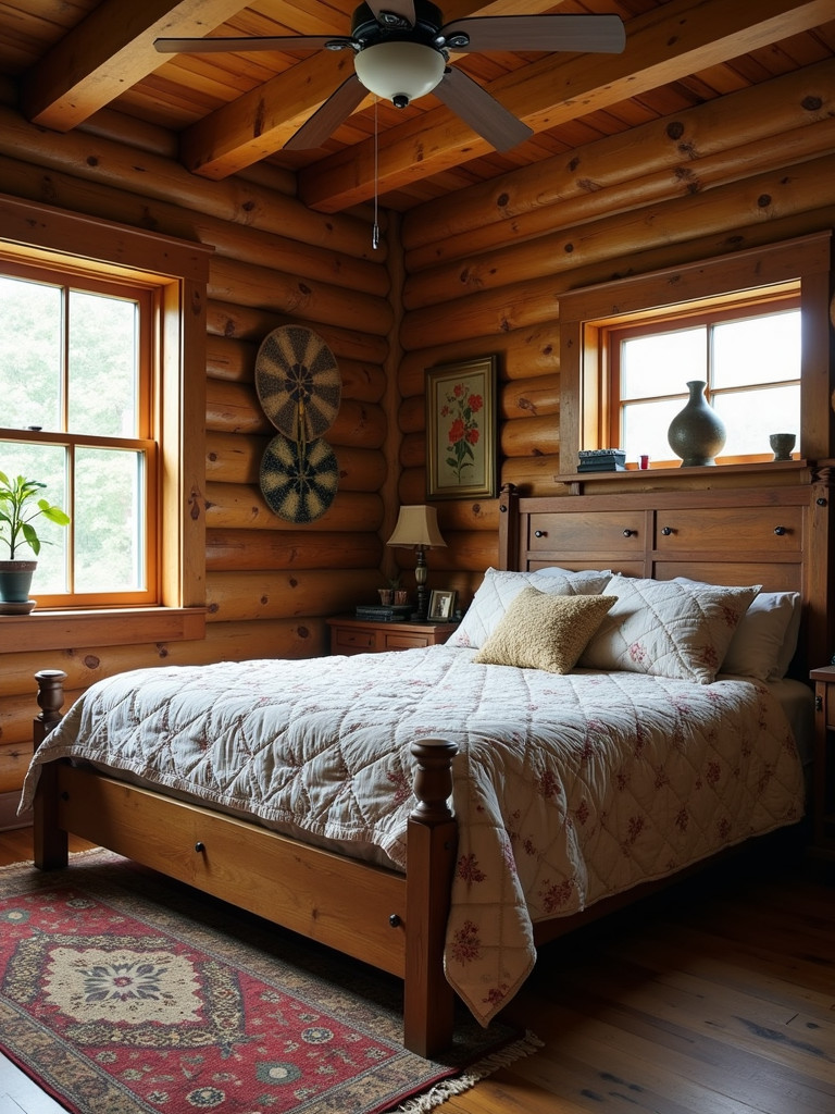 A full rustic farmhouse bedroom featuring a wooden bed frame, quilt, and antique decor.