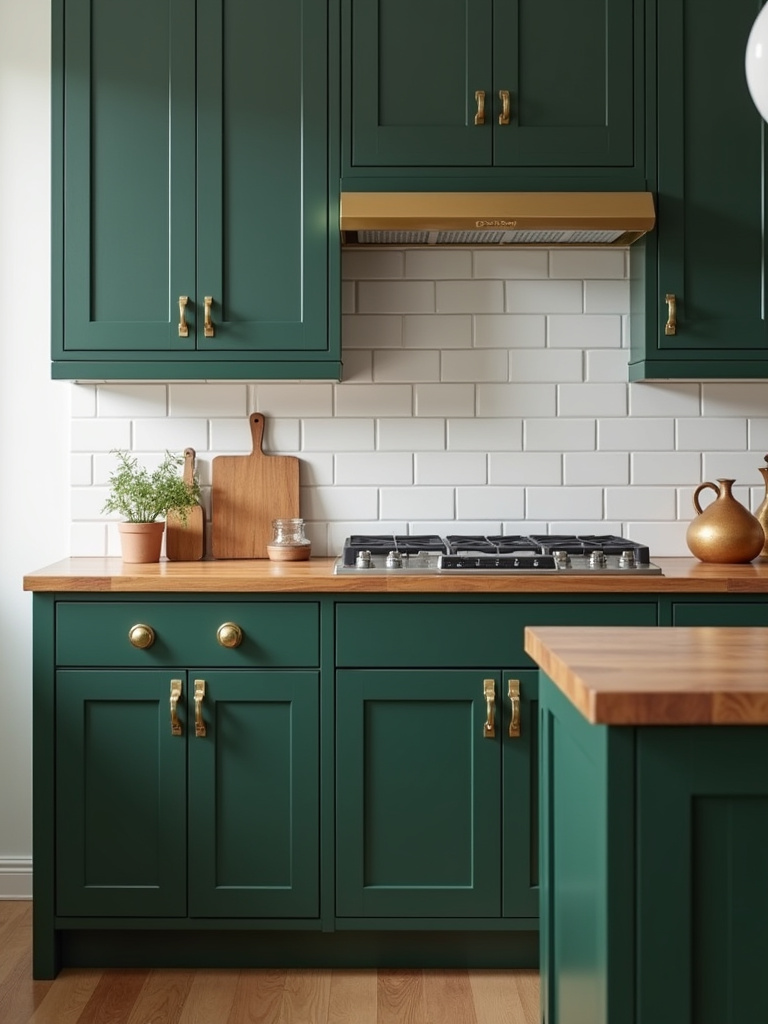 Dark green farmhouse kitchen cabinets with brass hardware and light wood counter tops.