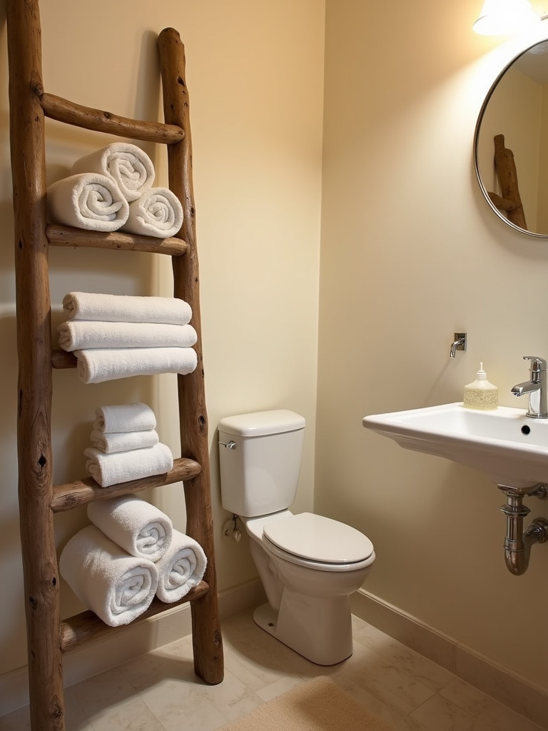A rustic wooden ladder used to hang towels in a bathroom