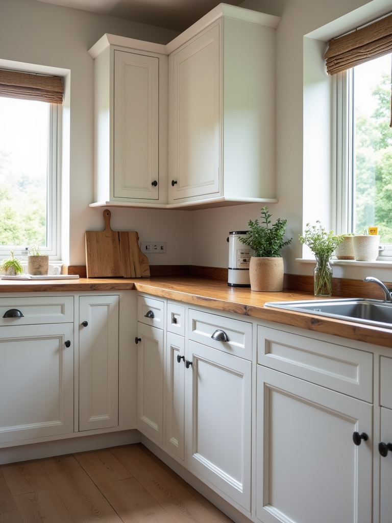 A rustic kitchen showcasing white cabinets and reclaimed wood countertops.