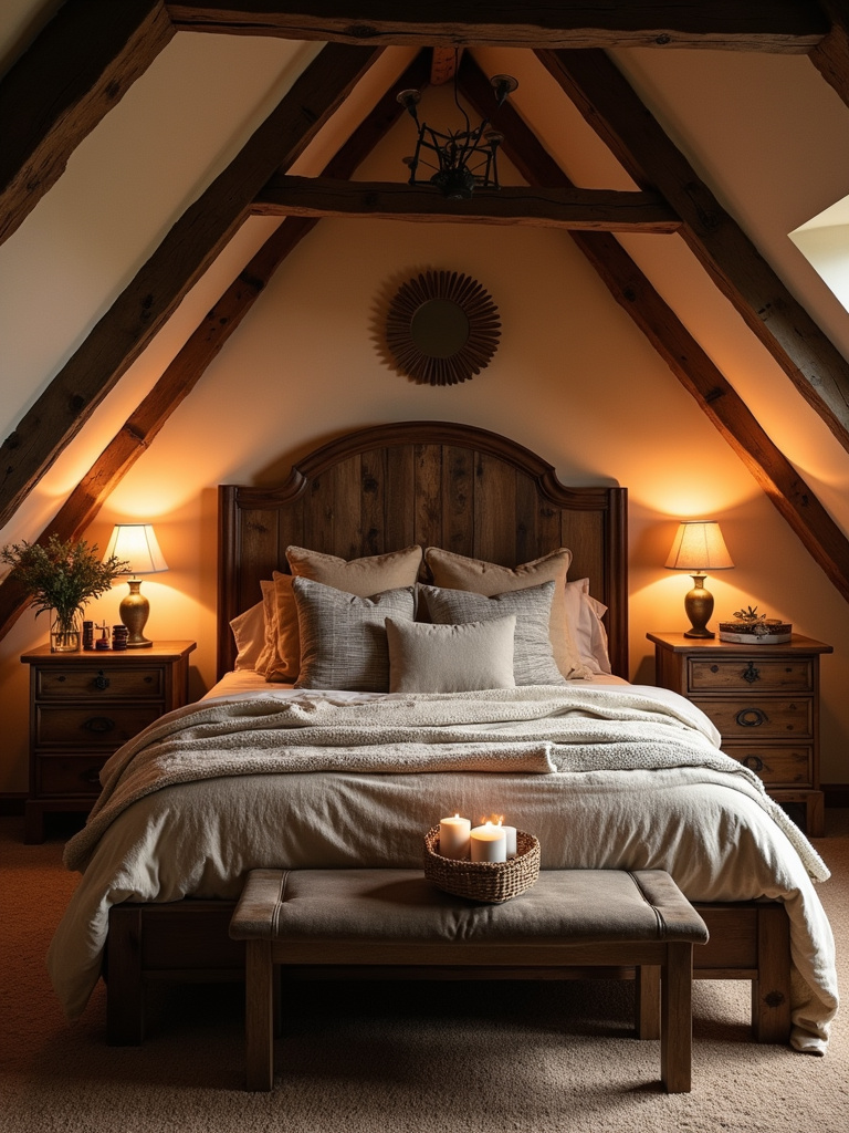 A romantic rustic style attic bedroom with aged wood and warm toned accents.