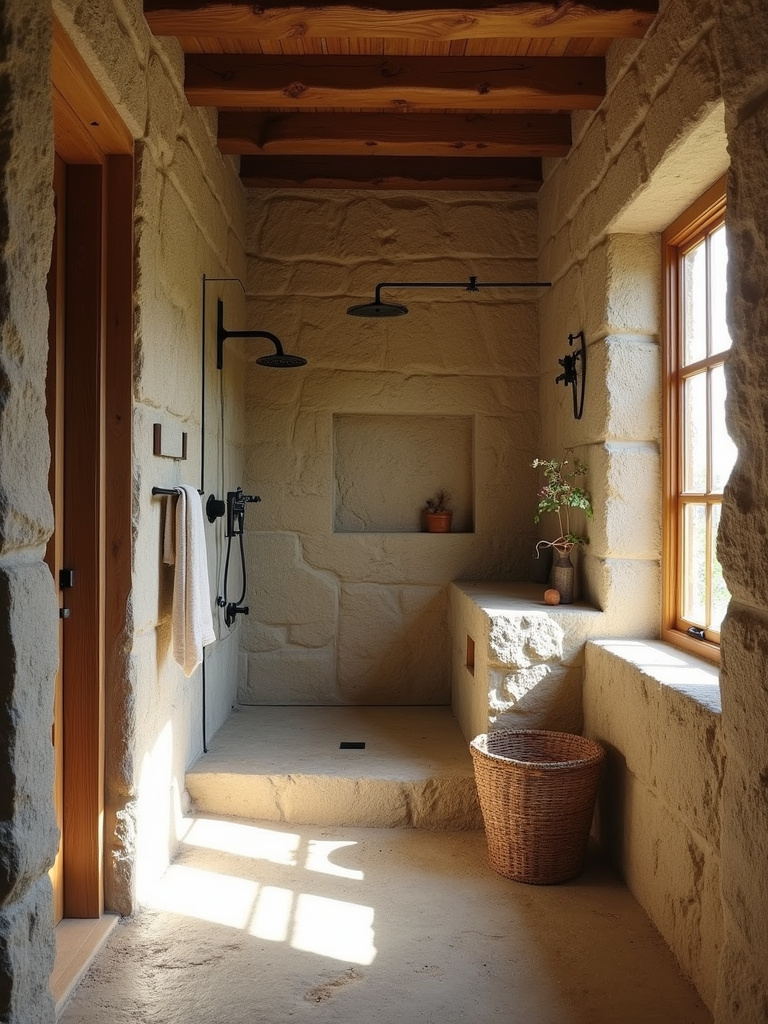 A rustic shower featuring natural stone.