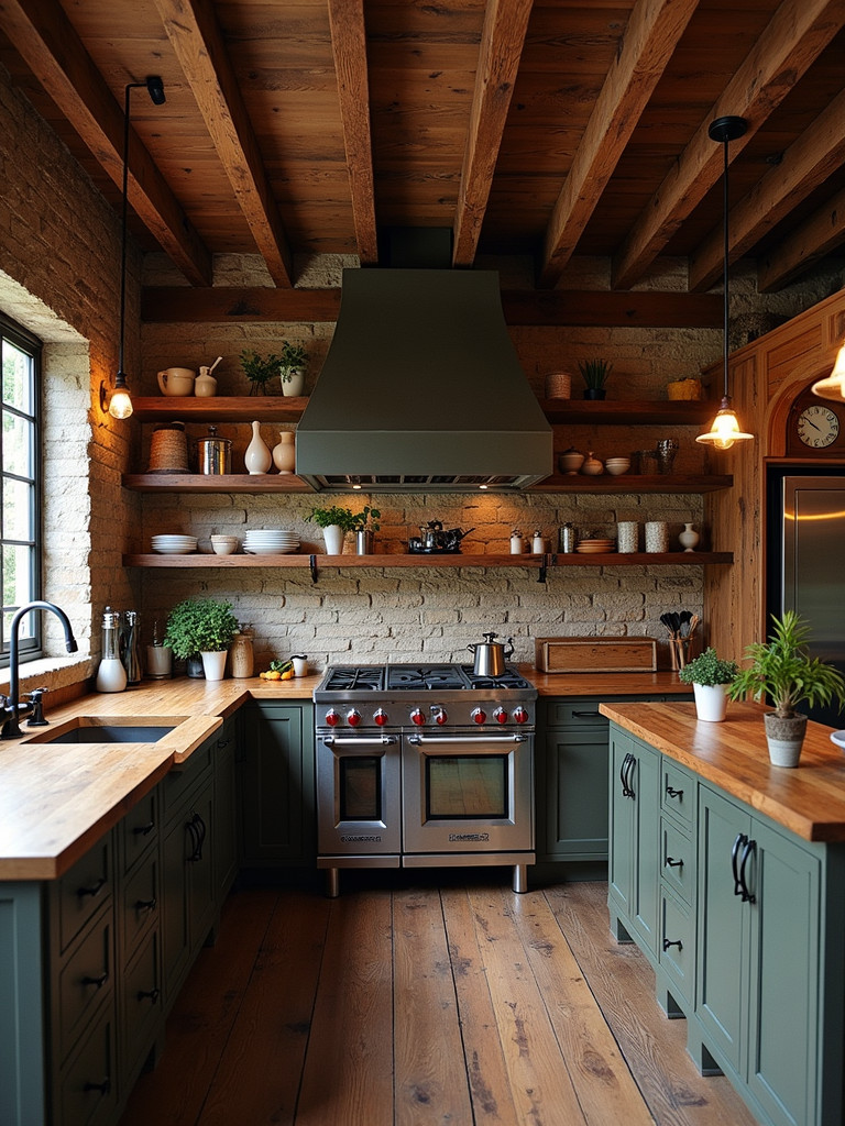 Rustic kitchen bar made of reclaimed wood with wrought iron accents.