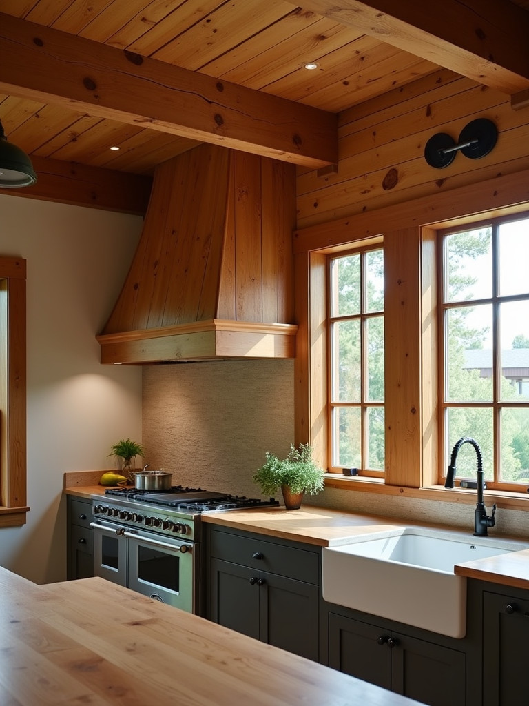 Rustic kitchen with a warm wood panel wall.