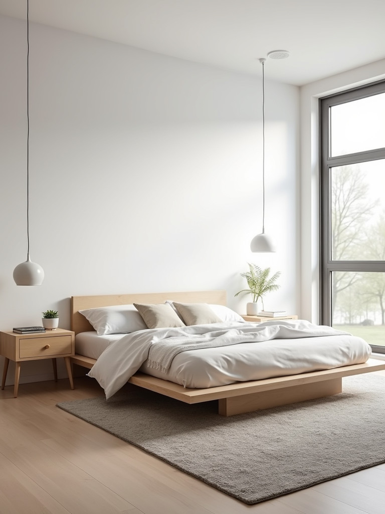 A full Scandinavian bedroom with a simple platform bed, light wood furniture, and natural light.