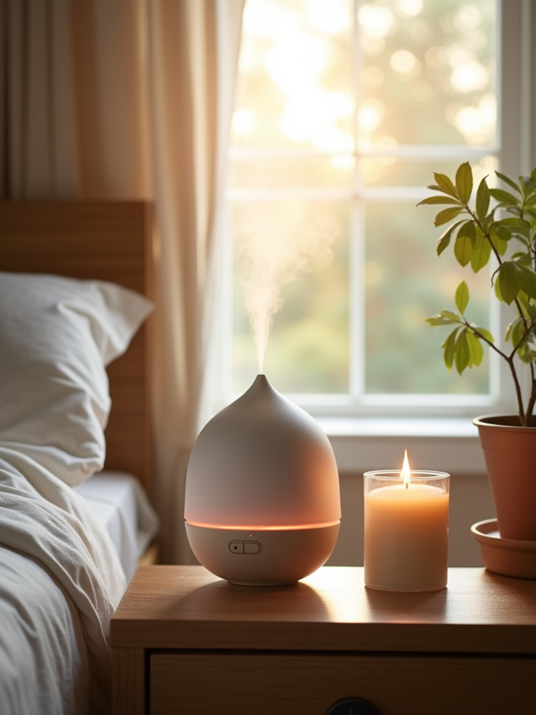 Aromatic elements such as a diffuser and scented candles provide a cozy feeling to a relaxed bedroom.