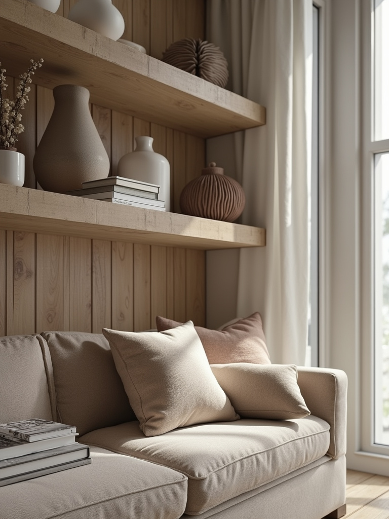 Living room shelf featuring various sculptural accents, varied textures, wide angle with medium lighting.