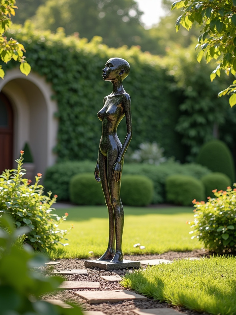 A metal sculpture positioned in a garden setting