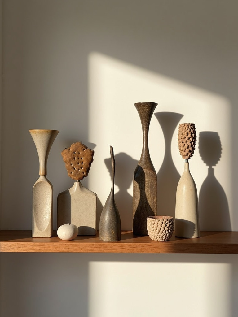 Several sculptural decor pieces on a wooden shelf in a bedroom
