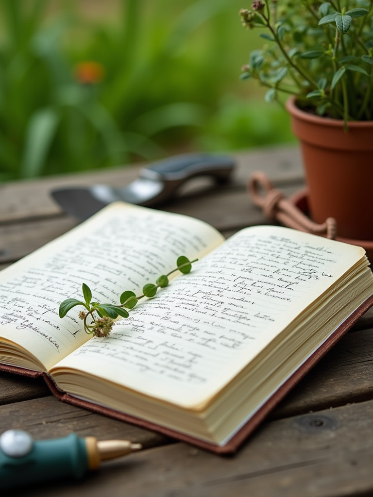 An open garden journal surrounded by tools and herbs, showcasing the practice of tracking garden progress and learnings.