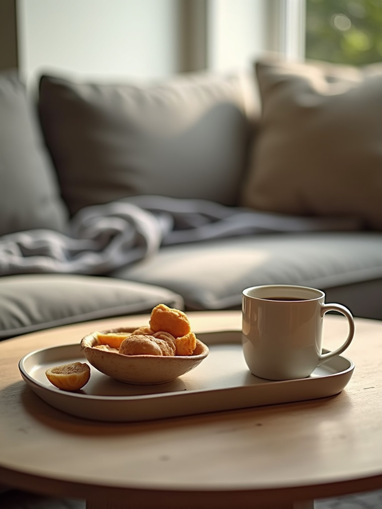 A minimalist serving tray placed in a seating space as an example of its potential uses