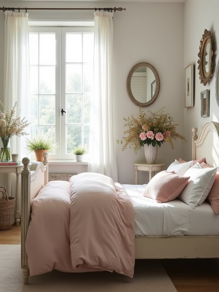 A full shabby chic bedroom with distressed furniture, pastel bedding, vintage mirrors, and floral accents.