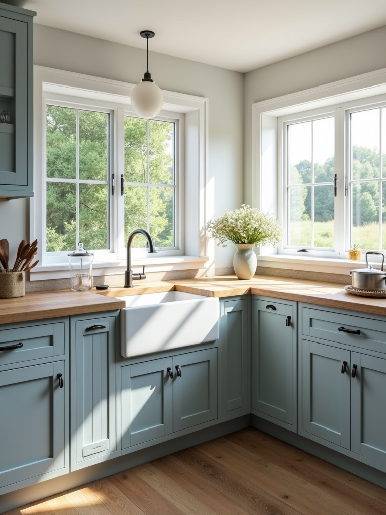 Farmhouse kitchen with light blue shaker cabinets, white farmhouse sink and natural lighting