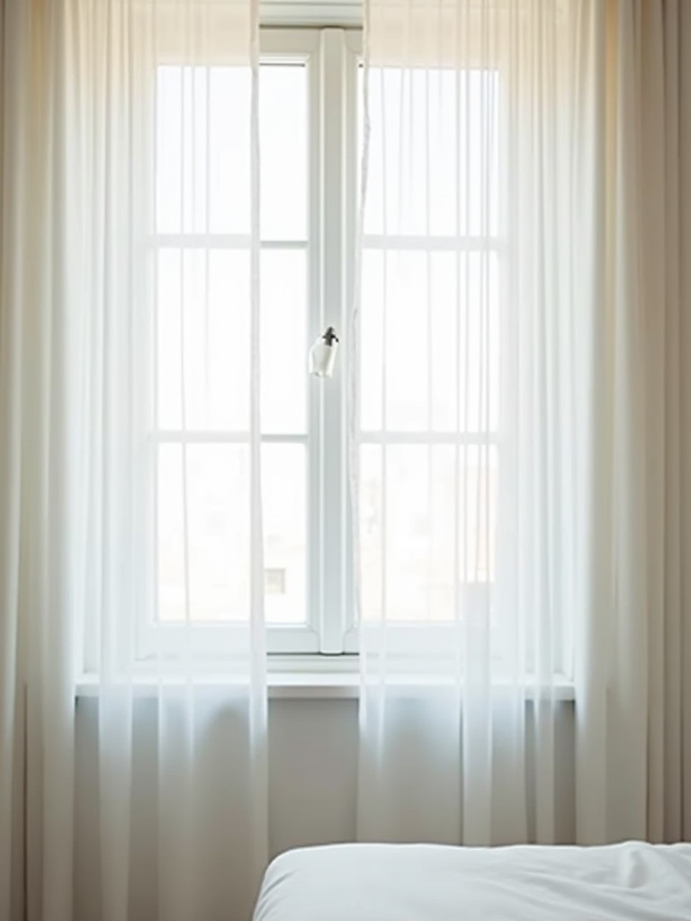 Sheer white curtains gently filter natural light into a serene white bedroom