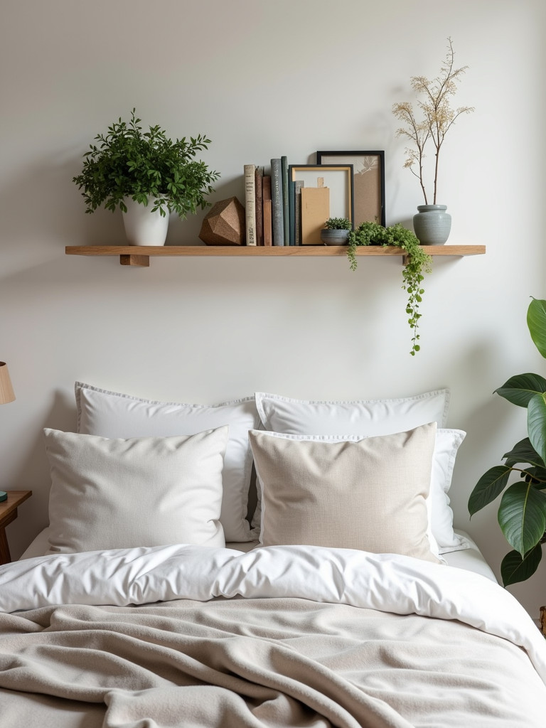 A well decorated wall shelf with books and plants in a modern bedroom