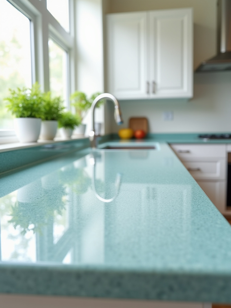 A modern kitchen with white cabinets and shimmering glass countertops.