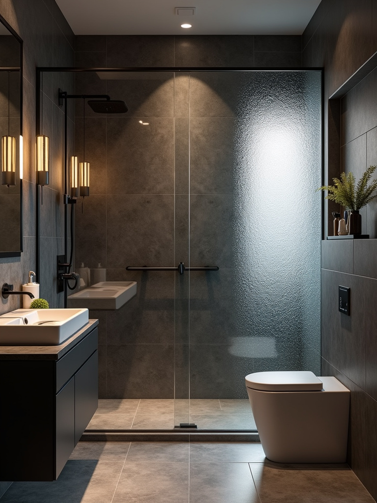 A shower with textured glass for privacy.