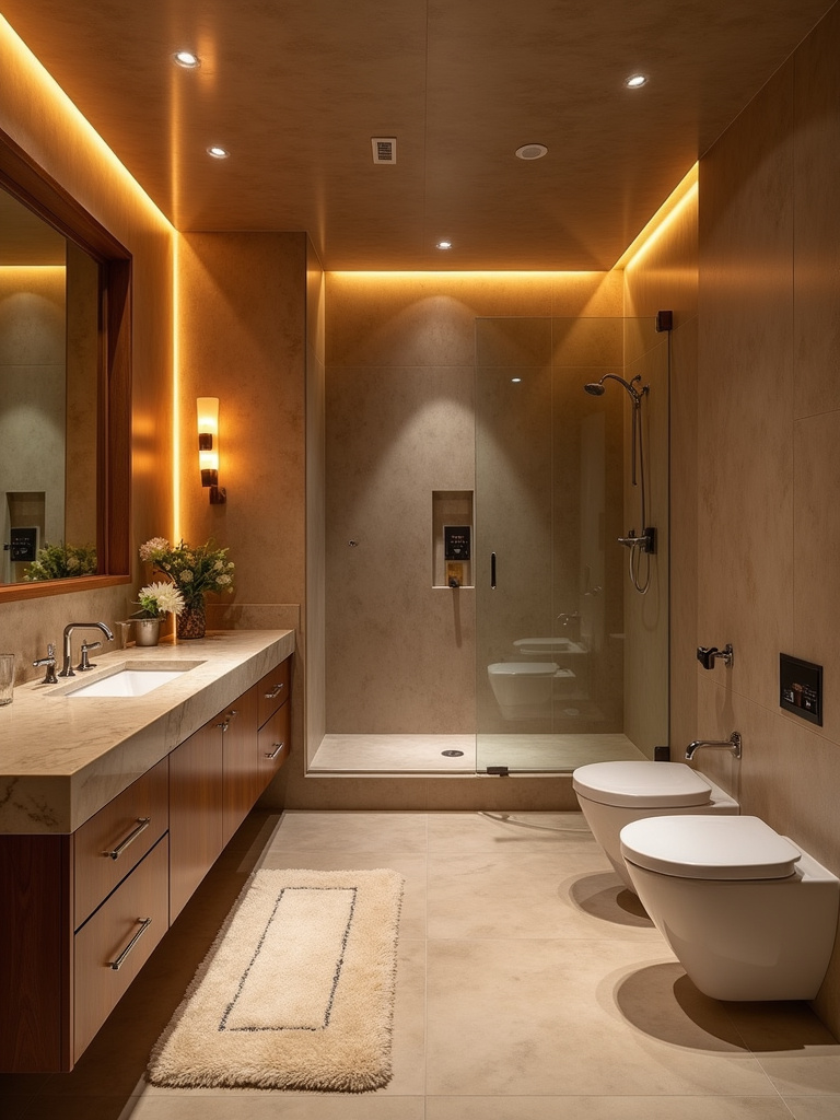 A shower enhanced by statement lighting.