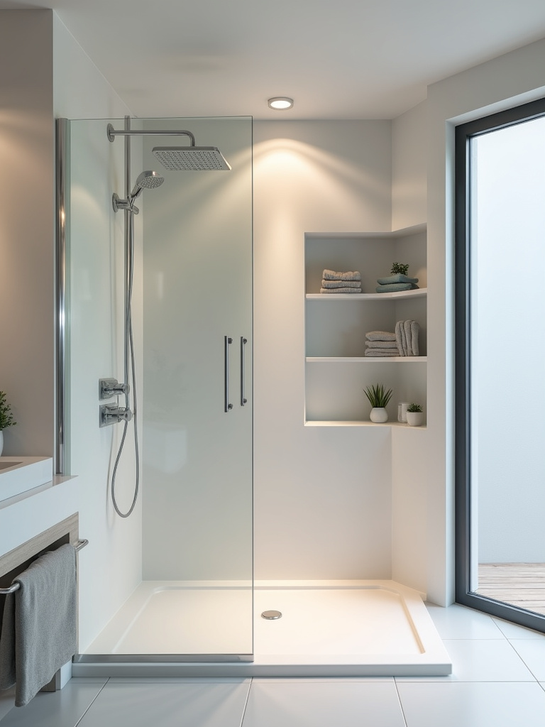 A shower with neatly integrated shelving for storage.