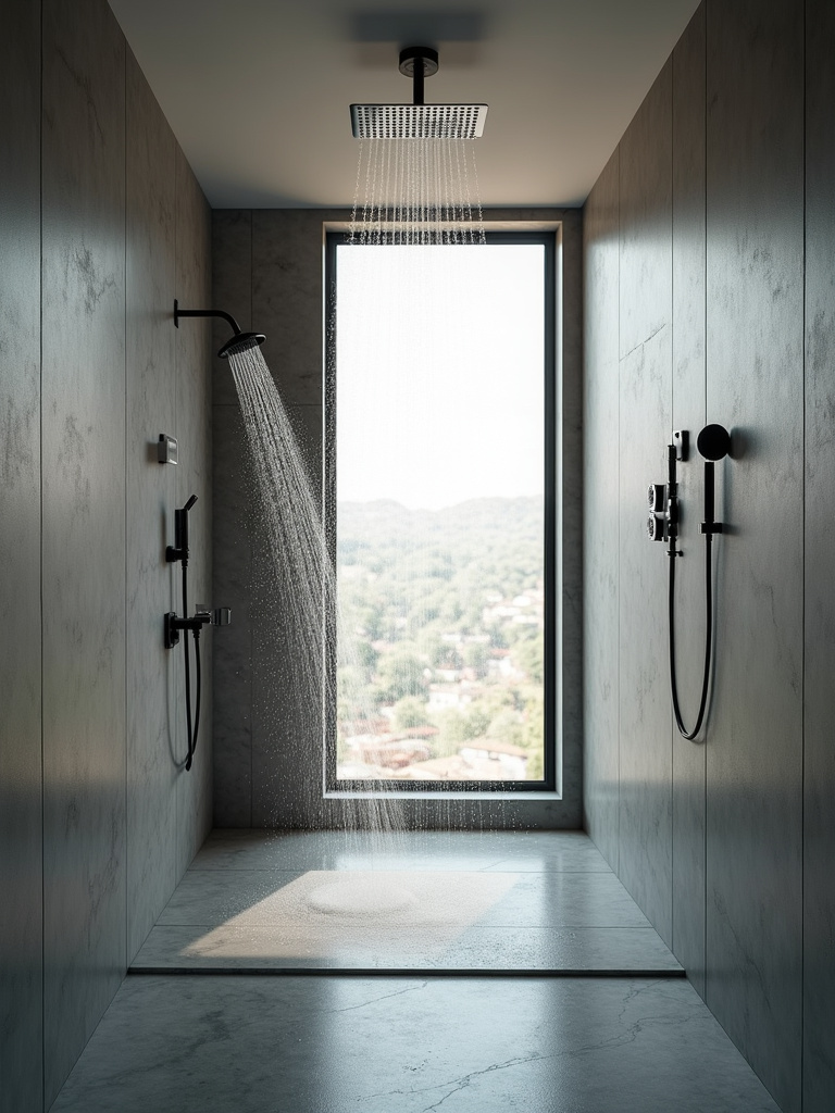 A modern shower with a unique and striking shower head.