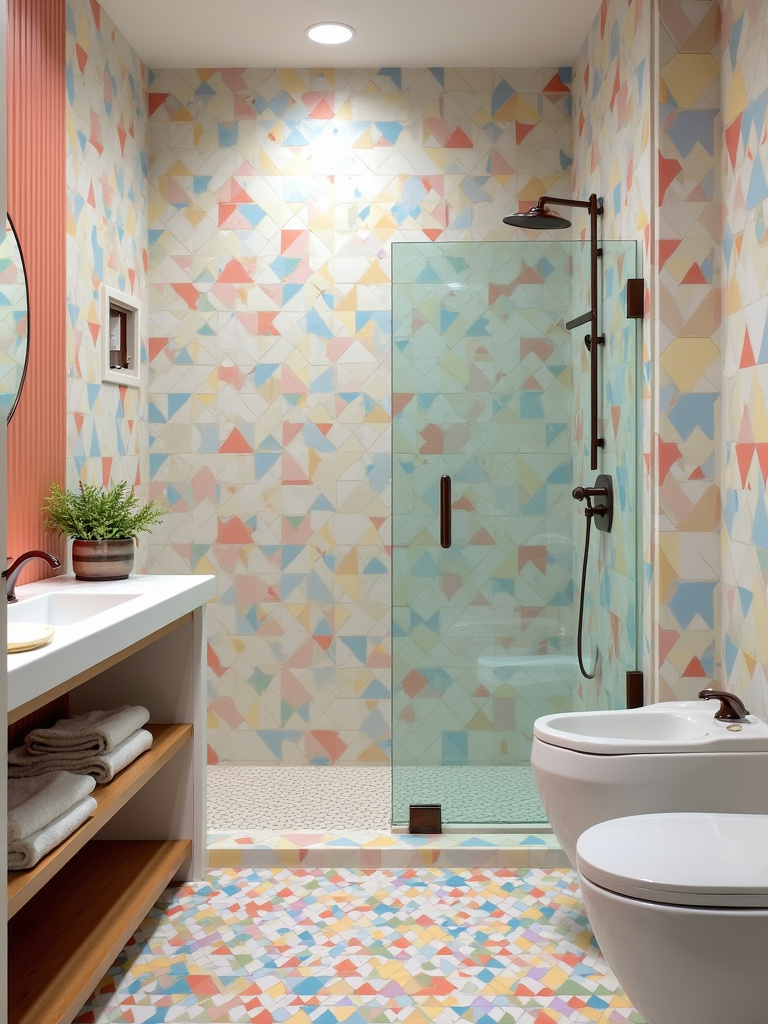 A bathroom with vibrant and patterned tile in the shower.