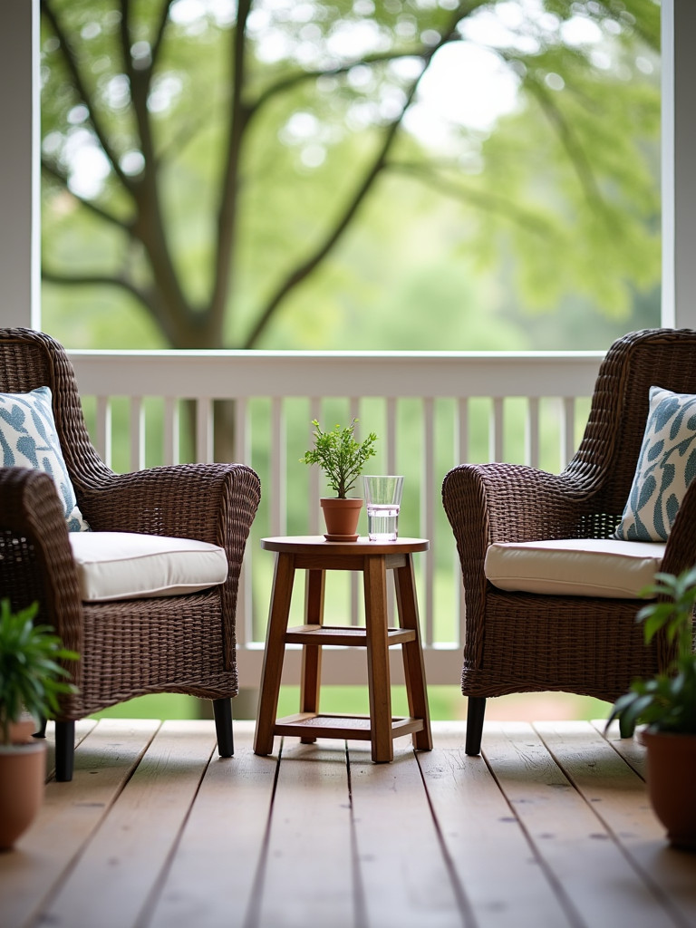 A small wooden side table positioned between two armchairs on a back porch.