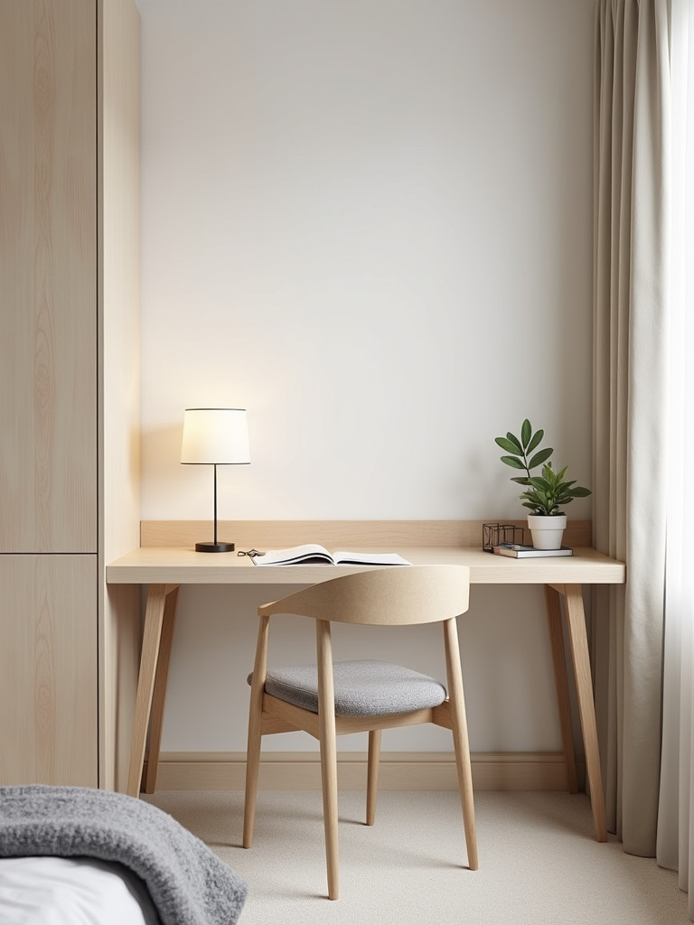 A minimalist bedroom featuring a simple desk or vanity with a chair, small lamp and a few personal items, softly lit with diffused lighting