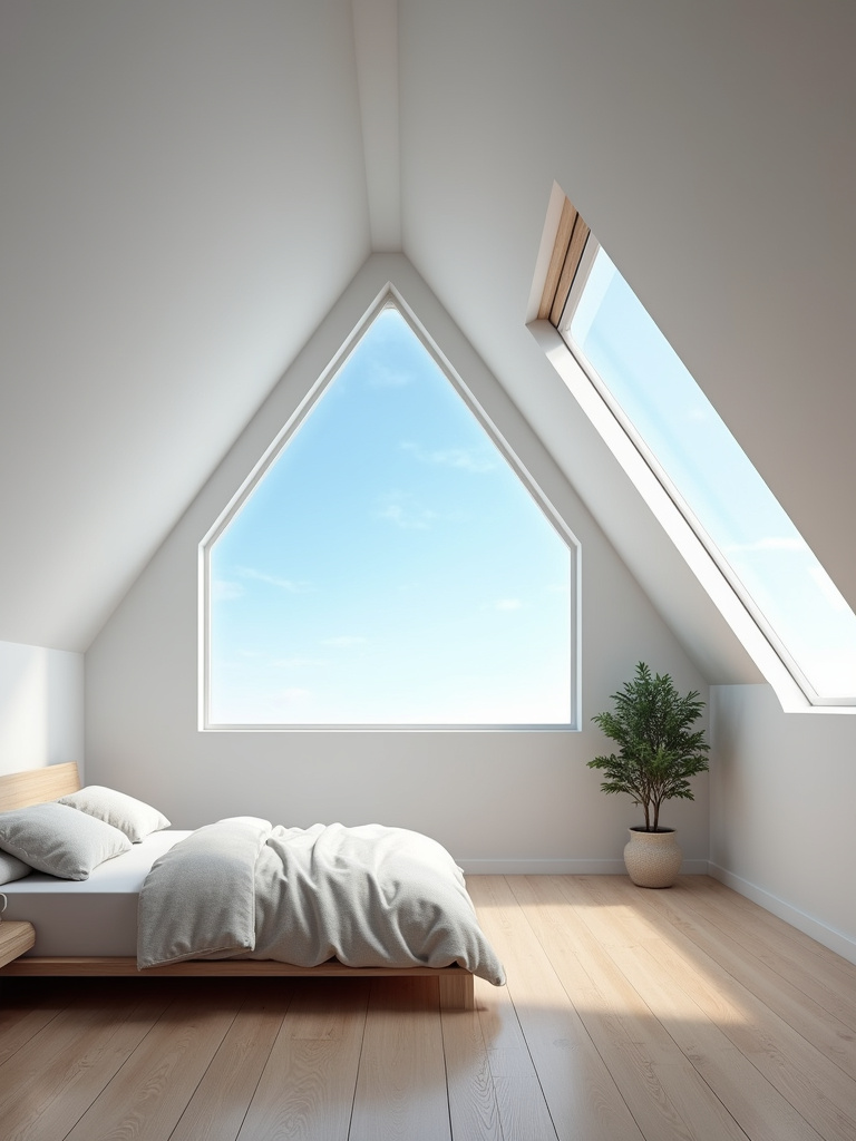 A bright attic bedroom with large skylights providing natural light.