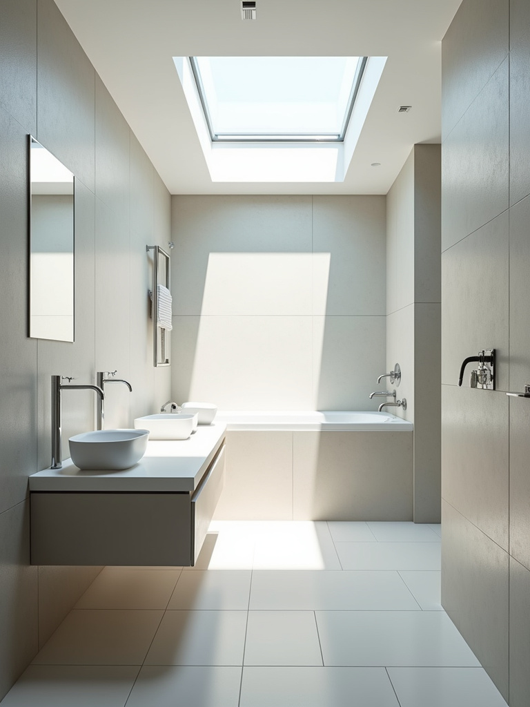 A modern bathroom illuminated by natural light coming through a skylight.