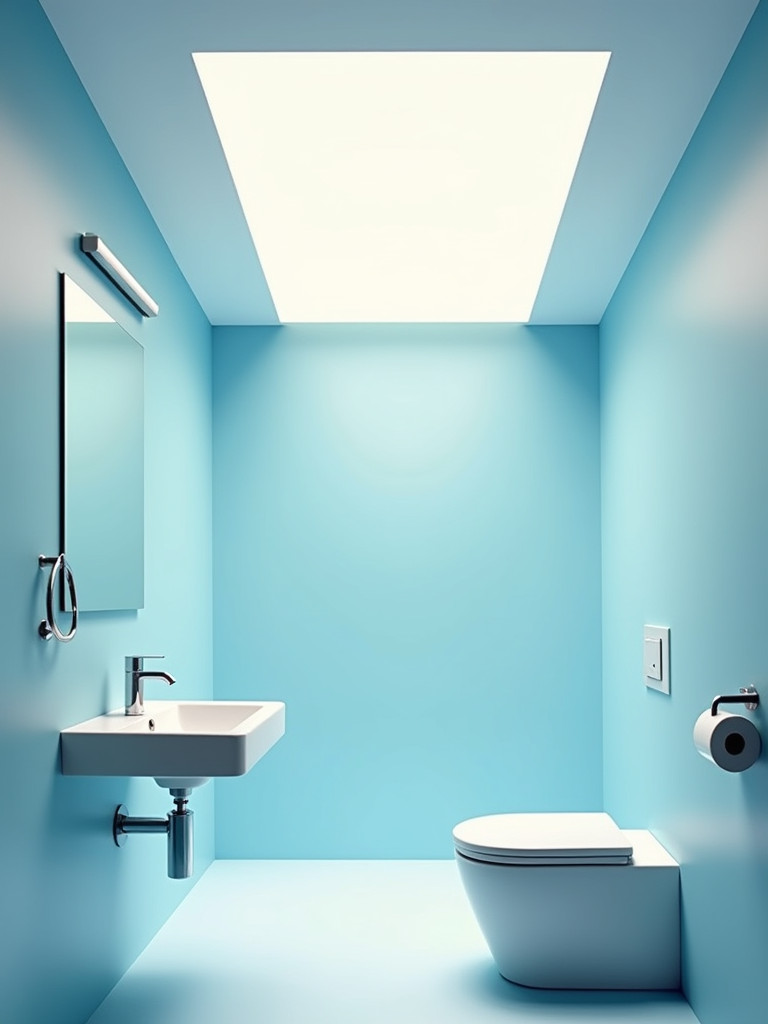 A small bathroom bathed in natural light from a skylight, featuring light blue walls.