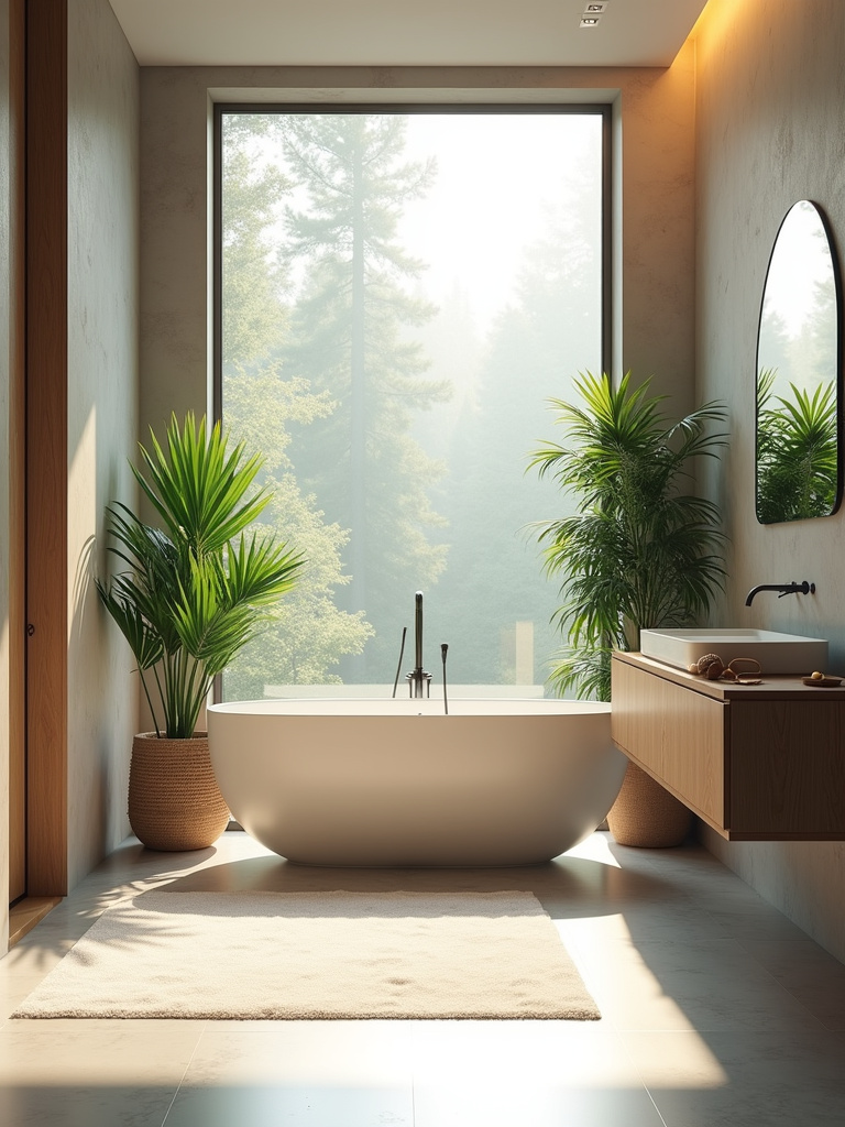 Modern bathroom filled with natural light from a large window