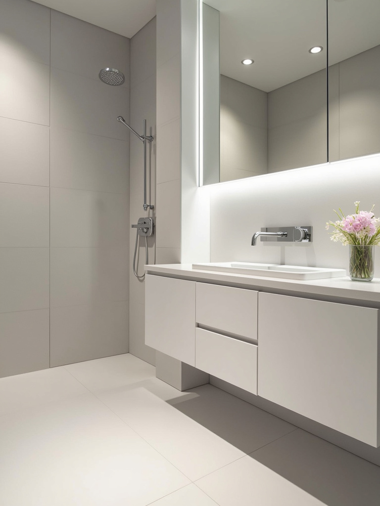 A modern bathroom utilizing concealed storage solutions for a clean, uncluttered aesthetic.