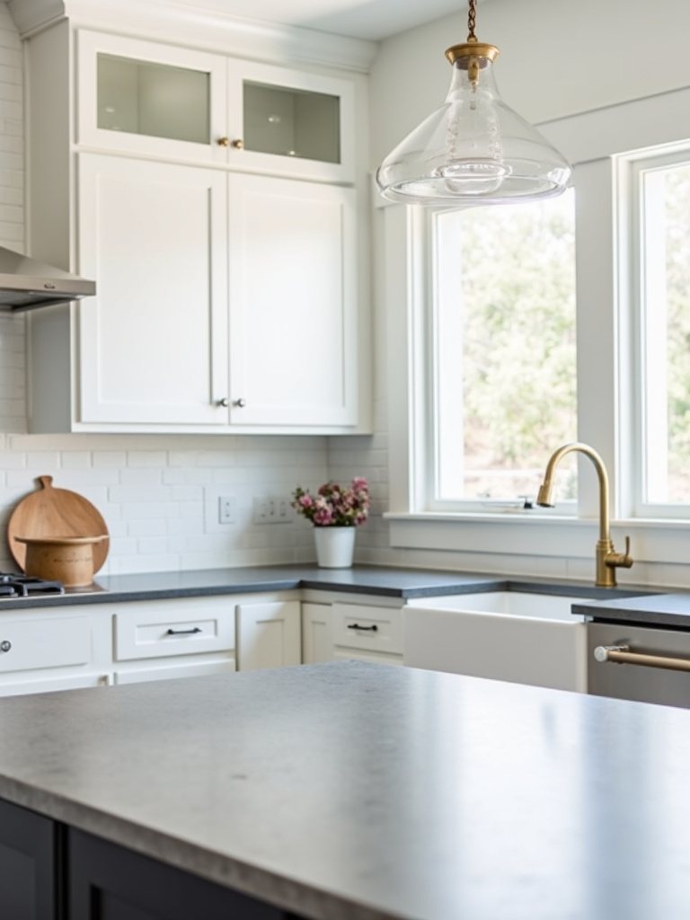 A modern kitchen featuring white cabinets and sleek gray quartz countertops.