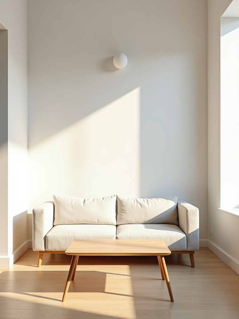 A minimalist living room featuring a sleek low-profile sofa, light wood coffee table and neutral tones