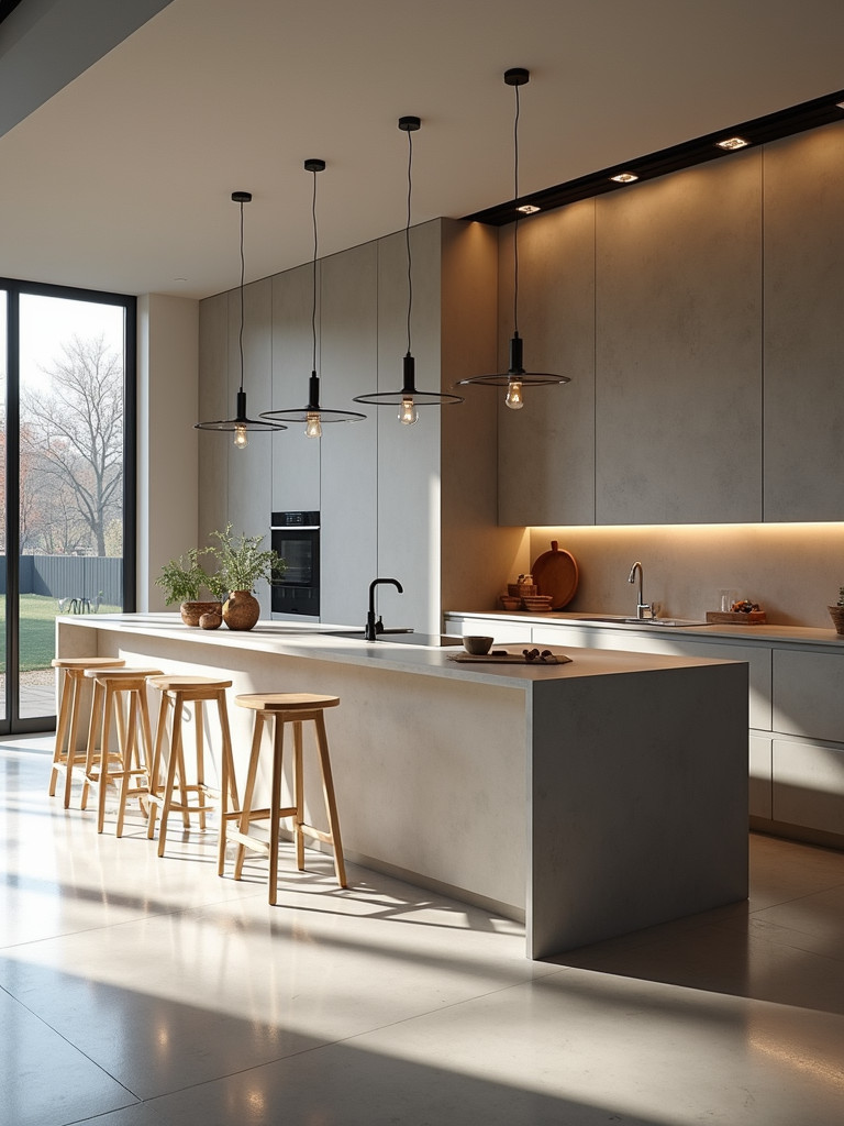 Sleek minimalist kitchen bar featuring polished concrete and minimal accessories.