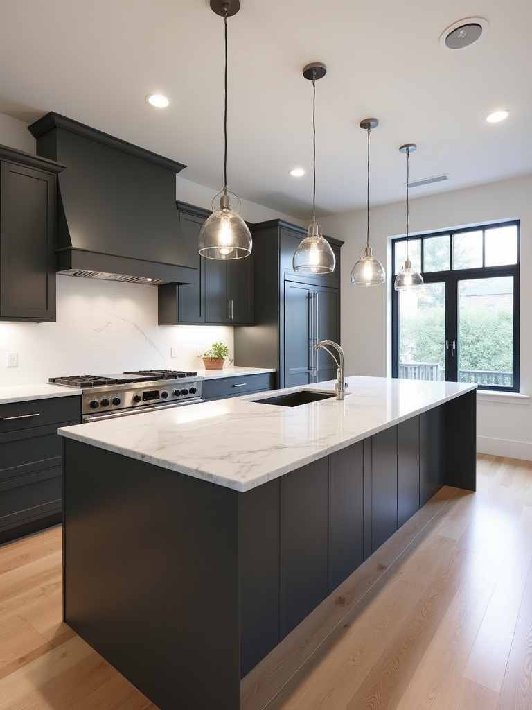 A modern kitchen with a large island illuminated by three sleek silver pendant lights.