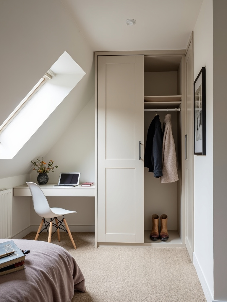 A sleek attic bedroom showcasing sloped ceilings and built in storage.