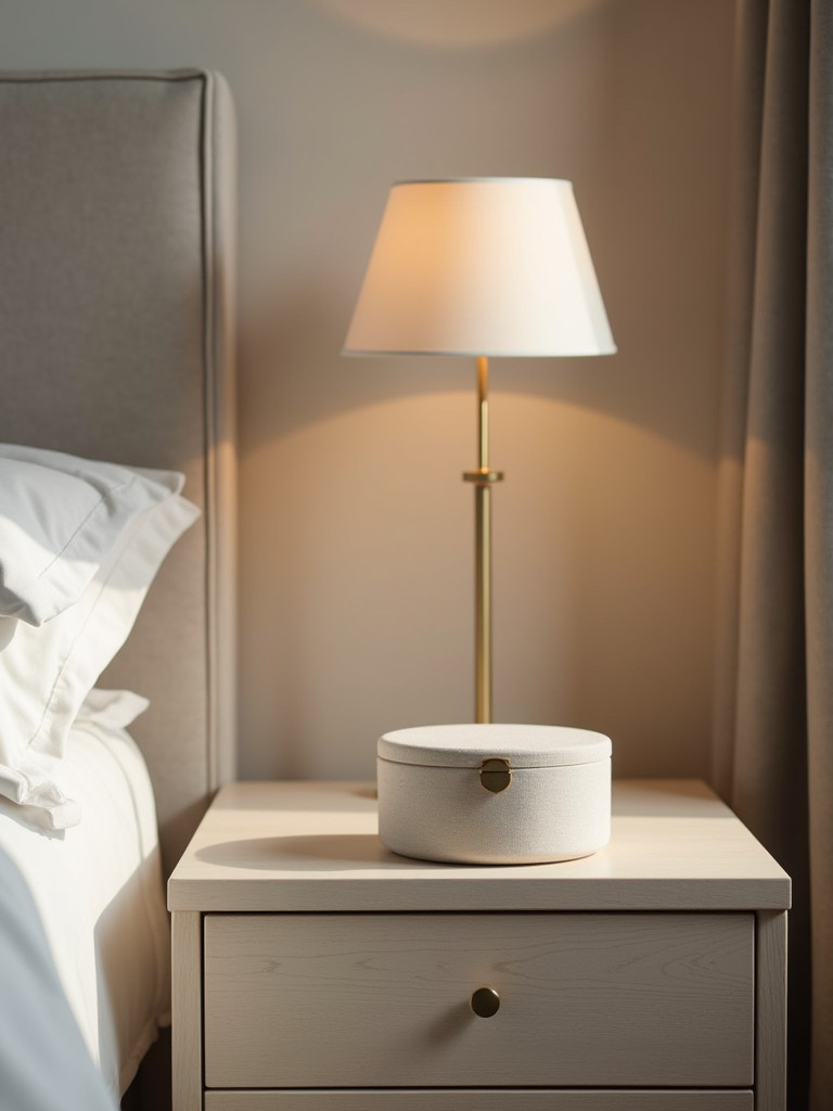A minimalist bedroom featuring a small jewelry box on a nightstand, softly lit with even lighting