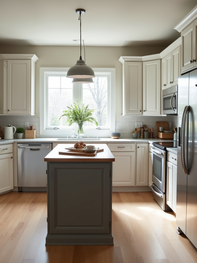A small kitchen island in a small cottage kitchen with soft, natural light.