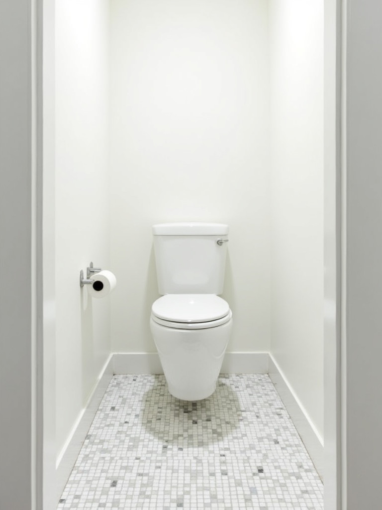 A small bathroom featuring small patterned tiles on the floor, with white walls and a minimalist design.