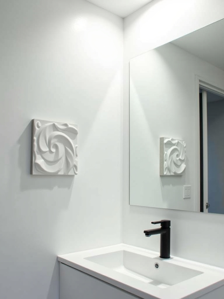 A sculptural 3D art piece on a white wall in a contemporary bathroom.