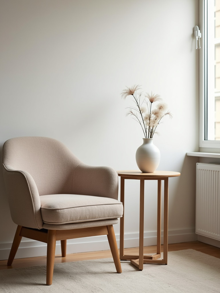A side table and an armchair are displayed beside each other in a minimally styled living room