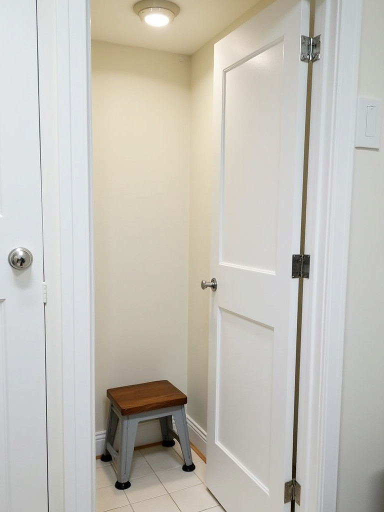 A small and functional step stool tucked away in a corner of a modern laundry bathroom.