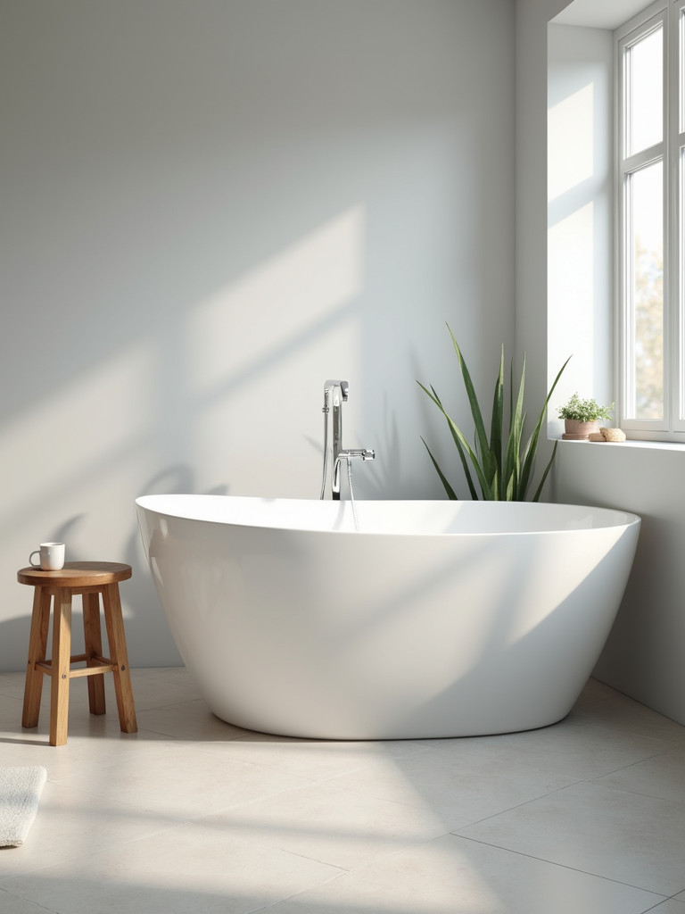 A small wooden stool placed next to a bathtub in a bathroom