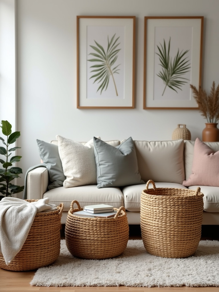 Living room with organized storage baskets.