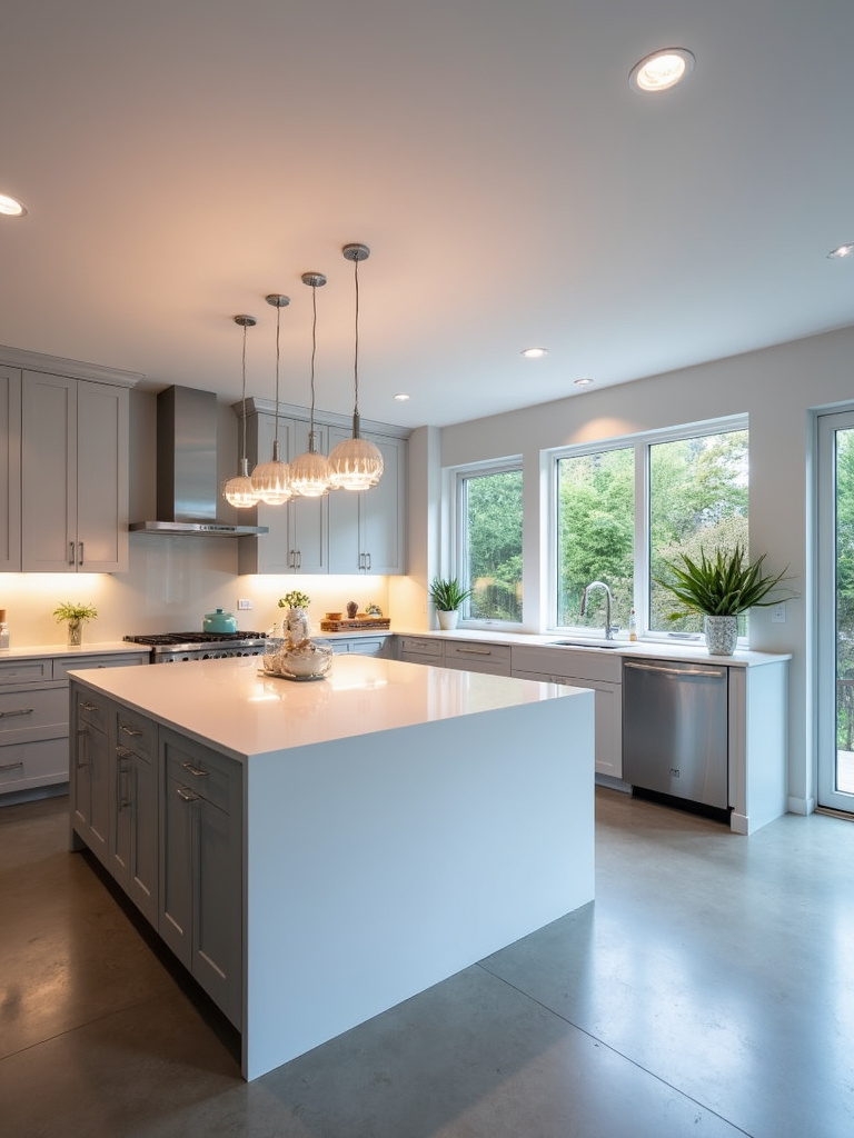 A high-tech modern kitchen with color-changing smart pendant lights and a comprehensive automated lighting system.